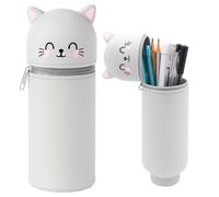 Zyluniy Kawaii Étui Ecole 2 en 1 en Silicone Souple, Trousse Silicone Verticale, Trousse Kawaii Animaux,Trousse Porte-Stylo de Table, Rétractable Trousse avec Fermeture Eclair pour Filles Garçons,Chat