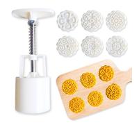 Zyluniy Moules à gâteau de lune, Moule à Lune Gâteau Mooncake avec 6 tampons, outil rond de décoration florale pour la pâtisserie DIY cookie, gâteau, dessert, biscuits (blanc)