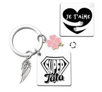 ZYMGUO Cadeau Porte-clés Femme avec Breloques Aile d'Ange et Trèfle Rose, Porte-clés Double Face Super Maman Je T'aime, Cadeau Fête des Mères Anniversaire Noël