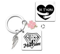 ZYMGUO Cadeau Porte-clés Femme avec Breloques Aile d'Ange et Trèfle Rose, Porte-clés Double Face Super Maman Je T'aime, Cadeau Fête des Mères Anniversaire Noël