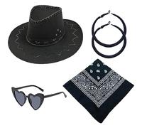 ZYMIADOU Chapeau de cowboy occidental + lunettes de soleil + foulard + boucles d'oreilles pour boîte de nuit pour spectacles de scène, accessoires photo, chapeau de cowboy pour voyage