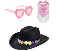 ZYMIADOU Chapeau Panama à fleurs cloutées avec strass et lunettes de soleil pour femme, costume festif, chapeau de cowgirl en cristal décoratif pour enfants