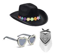 ZYMIADOU Chapeau Panama à fleurs cloutées avec strass et lunettes de soleil pour femme, costume festif, chapeau de cowgirl en cristal décoratif pour enfants