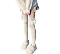 ZYMIADOU Chaussettes hautes pour femme Lolitas Bow Lacets mollet Pom Cuisse Bas mignon au-dessus du genou Noeud Lacets Chaussettes mollets, Beige crémeux high so, Taille unique