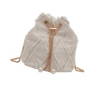 ZYMIADOU Denims Sac seau avec cordon de serrage pour femme, grand pompons, jeans, petit sac à bandoulière avec sangle réglable, beige, One Size