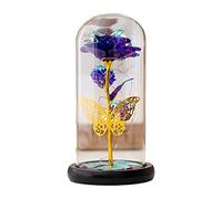 ZYMIADOU Forever Flower Rose en feuille d'or dans un dôme en verre avec lumière LED Cadeau de Saint-Valentin Fête des mères Décoration de mariage Lumière LED Fleur rose