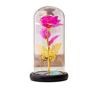 ZYMIADOU Forever Flower Rose en feuille d'or dans un dôme en verre avec lumière LED Cadeau de Saint-Valentin Fête des mères Décoration de mariage Lumière LED Fleur rose
