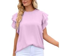 ZYMIADOU T-shirt à manches courtes à volants double couche pour femme, col rond, trou de serrure dans le dos, couleur unie, chemisier ample décontracté pour femme, haut à manches courtes pour femme