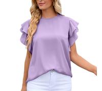 ZYMIADOU T-shirt à manches courtes à volants double couche pour femme, col rond, trou de serrure dans le dos, couleur unie, chemisier ample décontracté pour femme, haut à manches courtes pour femme