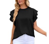ZYMIADOU T-shirt à manches courtes à volants double couche pour femme, col rond, trou de serrure dans le dos, couleur unie, chemisier ample décontracté pour femme, haut à manches courtes pour femme