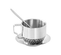 ZYMIADOU Tasses à café en acier inoxydable avec cuillère et soucoupe - Tasses à double paroi pour latte, expresso, lait, thé, tasses à double paroi