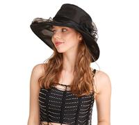ZYMIADOU TeaParty Chapeau bibi à larges bords en organza pour cocktails, fleurs, bowlers années 1920, chapeau résistant au soleil, Noir , Taille unique