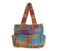 Zymjzbetic Sac fourre-tout en peluche Sac fourre-tout grande capacité for femme, sac à main en laine d'agneau, bandoulière rétro peluche carreaux(Blue)