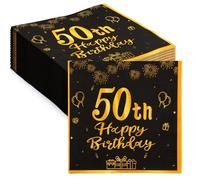 ZYNERY finemark Lot de 60 serviettes de décoration d'anniversaire 50 ans, noires et dorées, 33 x 33 cm, pour homme et femme, décoration de fête d'anniversaire, serviettes de fête du 50e anniversaire