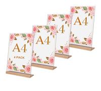 ZYNERY Lot de 4 présentoirs de table A4 en acrylique avec base en bois, support en L pour présentoir publicitaire, restaurant, mariage, bureau, café