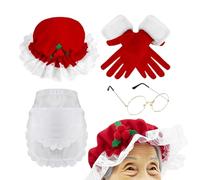 Zyntora Accessoires de Père Noël pour femme | Tablier de déguisement, gants, chapeau, lunettes - Costume de vieille dame de Noël, pour femme, pour fête de vacances, cosplay, bal masqué, théâtre