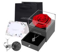 Zynxel Coffret Eternelle de Roses avec Bijoux, Collier Femme boîte de Roses,Pendentif Coeur avec Rose Conservée,Rose Stabilisée Rouge,Cadeau pour Elle la Noël,La Saint-Valentin,Fête des