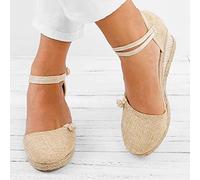 ZYONG Femmes Dames Paille Chanvre Corde Sandales rétro Toile de Lin compensée Bout Rond Sandales décontractées célibataires Chaussures élégant Bout fermé Sandale