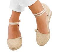 ZYONG Femmes Dames Paille Chanvre Corde Sandales rétro Toile de Lin compensée Bout Rond Sandales décontractées célibataires Chaussures élégant Bout fermé Sandale