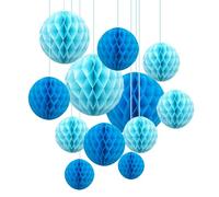 ZYOOO Lot de 12 Boules en nid d'abeille Bleu,Papier Pompom pour Bleu fête Décorations,Fêtes de Jardin en Plein Air, Anniversaires,Mariage,Fête prénatale,Baptême(15cm,25cm)