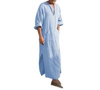 ZYPAINIY Djellaba Homme Marocaine Priere Islamique Uni Col V à Manches Courtes Qamis Homme Musulman Grande Taille Kamis Jelaba Homme Musulman Kaftan Jalabiya Abaya Homme Caftan Homme Fendue Ourlet