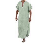 ZYPAINIY Djellaba Homme Marocaine Priere Islamique Uni Col V à Manches Courtes Qamis Homme Musulman Grande Taille Kamis Jelaba Homme Musulman Kaftan Jalabiya Abaya Homme Caftan Homme Fendue Ourlet