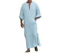 ZYPAINIY Djellaba Homme Marocaine Priere Islamique Uni Col V à Manches Courtes Qamis Homme Musulman Grande Taille Kamis Jelaba Homme Musulman Kaftan Jalabiya Abaya Homme Caftan Homme Fendue Ourlet