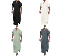 ZYPAINIY Djellaba Marocaine Prière Islamique Uni Col V à Manches Courtes Qamis Musulman Grande Taille Kamis Jelaba Kaftan Jalabiya Abaya Caftan Fendue Ourlet pour Homme