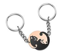 Zysta Porte-clés pour couple en acier inoxydable avec pendentif puzzle chat noir et blanc le yin et le yang, porte-clés de l'amour ou de l'amitié, cadeau pour lui/elle, Or rose + noir, 25mm
