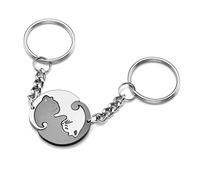 Zysta Porte-clés pour couple en acier inoxydable avec pendentif puzzle chat noir et blanc le yin et le yang, porte-clés de l'amour ou de l'amitié, cadeau pour lui/elle, Argent + noir, 25mm