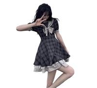 ZYSWCHB Mignon Lolita Robe Jupe Robe D'été Japonais Fille Mignon Poupée Col De Poupée Mignonne Collier Arc Mince Robe À Carreaux Robe À Carreaux Dentelle Princesse Kawaii Robes De Lolita Gothique Hara