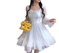 ZYSWCHB Robe Kawaii blanche femmes en mousseline de soie Lolita à manches longues Mini robes arc fée Robe volants (Color : White, Size : M)