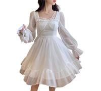 ZYSWCHB White Kawaii Dress Women Chiffon Lolita Style Long Sleeve Mini Dresses Bow Fairy Ruffles Patchwork (Color : White, Size : S)