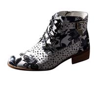 ZYUEER Bottes Moto Femme Talon Compensé Bottines A Lacets Escarpins Talon Moyen Tendance Ankle Boots Automne Hiver Bottines Peinture à L'Encre Motif Fleuri Cuir De Bottes