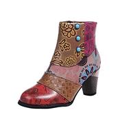 ZYUEER Bottines Femme Automne Hiver Chaud Bottes de Moto Cuir Imprimer Vintage Escarpins Femme Talon Moyen Chaussures Bottes de Cavalier Ankle Boots (jaune01, numeric_39)