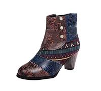 ZYUEER Bottines Femme Automne Hiver Chaud Bottes de Moto Cuir Imprimer Vintage Escarpins Femme Talon Moyen Chaussures Bottes de Cavalier Ankle Boots