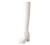 ZYUEER Chaussures Femme Talons Cuissardes Cuir Bottines Talons Epais Bottes De Moto Escarpins Noir Bout Rond Over Knee Hauts Hiver