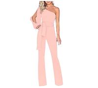 ZYUEER Combinaison Femme à Manches Longues Col V Jumpsuit Rompers CeinturéE à Taille Haute Combishort Chic Salopettes De Travail Sexy Soiree Mariage (Rose, M)