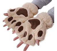 ZYUEER Gants Demi-Doigts Mitaines Chaudes Douce Mignon Confortable Pour Femme En Fausse Fourrure En Forme De Pattes De Chats (Beige)