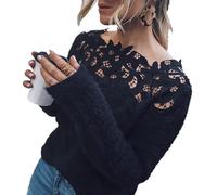ZYUEER Pull Femme Sexy Chic Top Dentelle Haut Manche Longue Chandail Hiver Casual Mode Top Blouse (Noir, S)