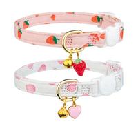 ZYWQ Collier Chat, Lot de 2 Colliers Détachables en Coton pour Chat, Pendentif en Forme de Cœur Blanc et Fraises Roses, Collier Mignon pour Chaton avec Clochette