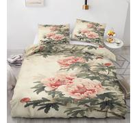 ZyxMehtic Housse de Couette 240x260 Fleurs de Pivoine Vintage - Parure de Lit 2 Personnes Chinois Oriental Housse Couette en Microfibre Douce avec Fermeture Éclair avec 2 Taie d'oreiller 65x65 cm