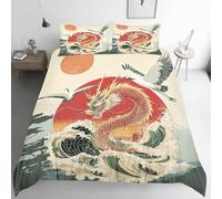 ZyxMehtic Housse de Couette 90x190 Dragon Asiatique Enfant, Parure de Lit Japonais 1 Personnes, Ensemble LiterieVintage Microfibre avec 1 Taie d'oreiller 65x65 cm avec Fermeture Éclair