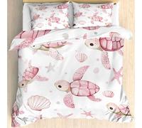 ZyxMehtic Housse de Couette 90x190 Tortue Rose - Parure de Lit 1 Personne Coquillages, Étoiles de Mer Housse Couette en Microfibre Douce avec Fermeture Éclair avec 1 Taie d'oreiller 65x65 cm