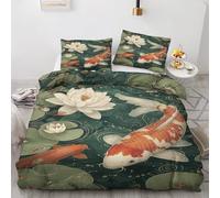 ZyxMehtic Housse de Couette Carpe Koi 135x200cm 1 Personne, Parure de Lit Poisson avec 1 Taie d'oreiller 65x65 cm, Housse Couette Lac de Nénuphars Microfibre Douce avec Fermeture Éclair