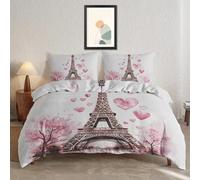 ZyxMehtic Housse de Couette de Parure de Lit 220x240 Paris Tour Eiffel Coeur Rose Et Arbre Célèbre Architecture Housse Couette Fermeture Éclair avec 2 Taie d'oreiller 65x65 cm