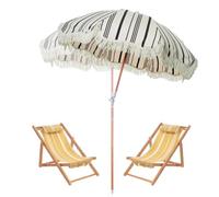 ZYXQQJ Parasol De Plage 2m Grand Parasol À Franges Parasol De Terrasse Style Bohème Protection UV, Mât en Bois, Légère Sac De Transport(White)