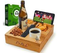 ZYZUZ® Boîte à goûter pour canapé avec boîte cadeau - Plateau compact en bois de bambou de qualité supérieure - Support de téléphone portable à 360 ° - Cadeau de pendaison de crémaillère pour homme