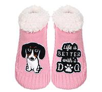 ZYZX Chaussette Lounge à semelle avec gel antidérapant-Doux Duveteux Chaussette Tricot pour Intérieur-Chaussons Amusants,Chien Teckel Rose