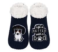 ZYZX Chaussette Lounge à semelle avec gel antidérapant-Doux Duveteux Chaussette Tricot pour Intérieur-Chaussons Amusants,Chien Teckel Marine
